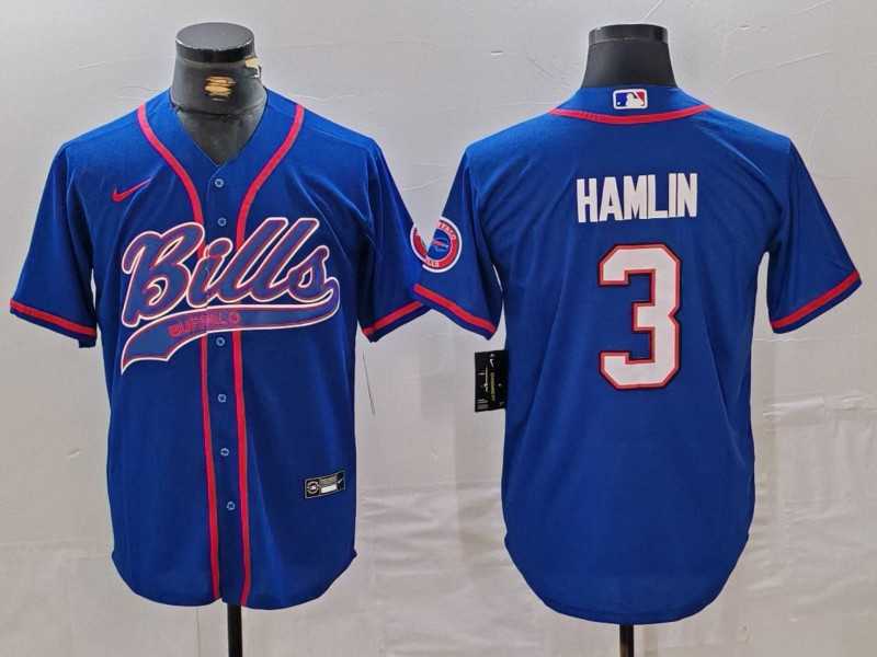 Men%27s Buffalo Bills #3 Damar Hamlin Blue With Patch Cool Base Stitched Baseball Jersey